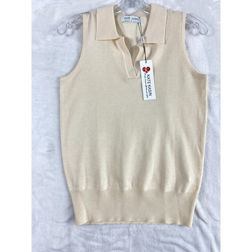 NWT‎ Kate Kasin Knit Blouse Top Sz S Cream/Light Beige Sleeveless Collar Preppy